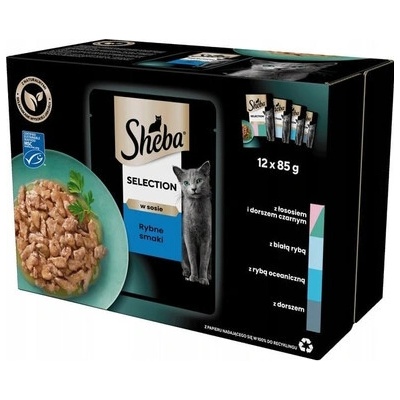 Sheba Selection Rybí Smaki kousky lososa a černé tresky / bílé ryby / mořské ryby / treska v omáčce 48 x 85 g