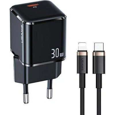 USAMS Мрежово зарядно Usams T45, Fast Charging, 1xUSB-C, PD3.0, 30W, USB-C към Lightning кабел, Black ( )