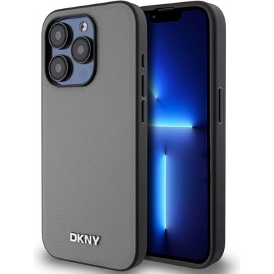 DKNY PU Leather Silver Metal Logo Magsafe pre Apple iPhone 15 Pro, šedá