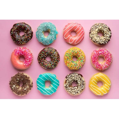 Plakát, Obraz - Colorful sweet background. Delicious glazed donuts, Alexandra Fedorova, 40 × 26.7 cm