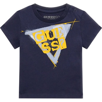 GUESS Тениска с къс ръкав в синьо за бебе момче с надпис Guess в оранжево и синьо