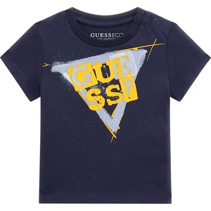 GUESS Тениска с къс ръкав в синьо за бебе момче с надпис Guess в оранжево и синьо
