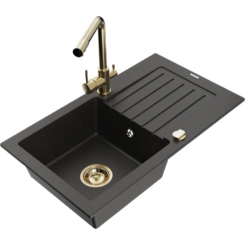 Mexen Pablo гранитна мивка с 1 камера със сушилник и кухненски смесител Duero, черно/златен металик - 6510-75-671600-50 (6510-75-671600-50)