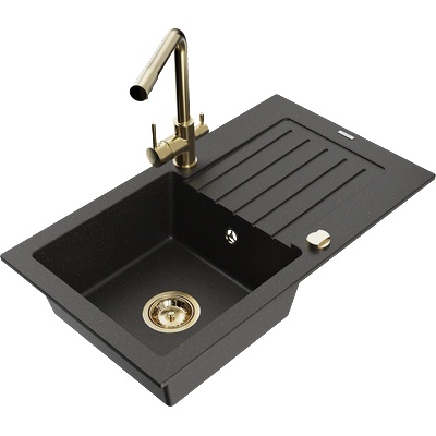 Mexen Pablo гранитна мивка с 1 камера със сушилник и кухненски смесител Duero, черно/златен металик - 6510-75-671600-50 (6510-75-671600-50)