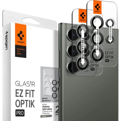 Spigen Optik Pro tR Ez Fit Lens Protector 2 Pack - 2 комплекта предпазни стъклени лещи за камерата на Samsung Galaxy S23 Ultra (тъмнозелен)
