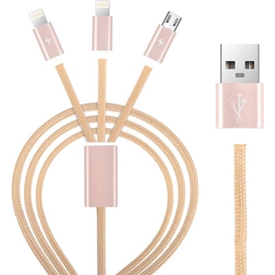 DEVIA Универсален кабел с 2xLightning и MicroUSB конектори - Devia Premium 3 in 1 Cable (розово злато)