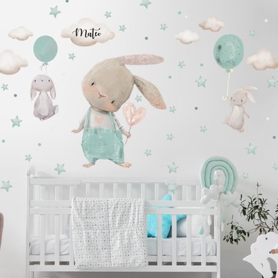 INSPIO Nálepka nad postieľku - Zajačiky s hviezdami a balónmi hviezdy a oblaky, zvieratá, samolepky s menom, akvarelové nálepky zelená, krémová, plnofarebný motív, tyrkysová rozmery 110x90