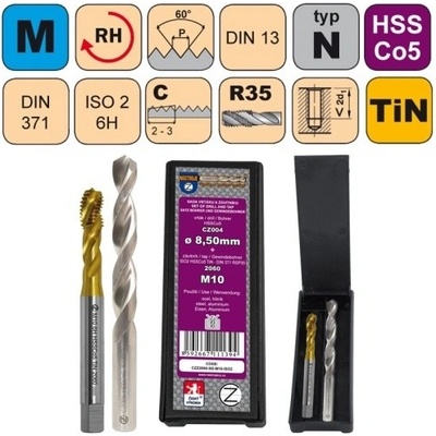 NÁSTROJE CZ Sada str. závitníku /CZZ2060/HSSCo5 TiN a vrtáku CZ004 HSSCo5 v plastové krabičce CZZ Závit: SD-M5