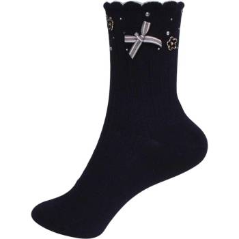 Тъмносини дамски чорапи с цветя, камъчета и панделка