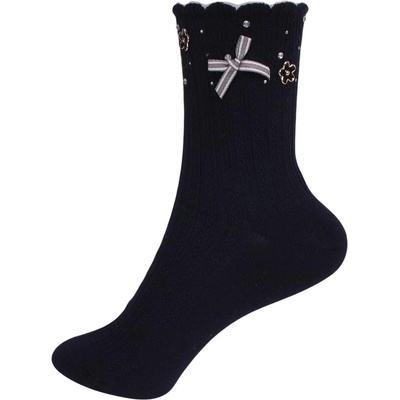 Тъмносини дамски чорапи с цветя, камъчета и панделка