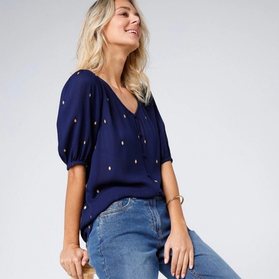 Halenka na knoflíčky se zlatavým potiskem nám.modrá/zlatá – Zboží Dáma