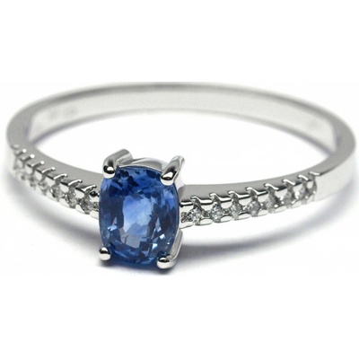 Klenoty Budín Ručně vyrobený prsten z bílého zlata s modrým safírem a diamanty J 28040 17