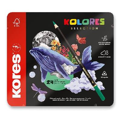 Trojhranné pastelky Kores Kolores Selection plechová krabička, 24 barev Kores