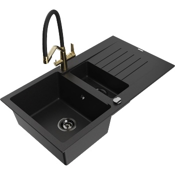 Mexen Matias гранитна кухненска мивка с 1, 5 камери с отцедник и кухненски смесител Duo, черен - 6502-77-671701-57-B (6502-77-671701-57-B)