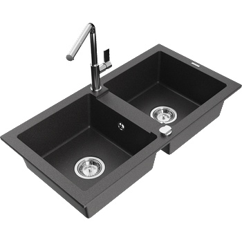 Mexen Mario гранитна кухненска мивка с 2 камери с кухненски смесител Flora, черно петнисто - 6504-76-670401-00 (6504-76-670401-00)