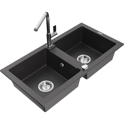 Mexen Mario гранитна кухненска мивка с 2 камери с кухненски смесител Flora, черно петнисто - 6504-76-670401-00 (6504-76-670401-00)