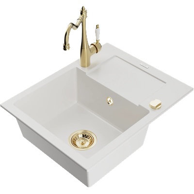 Mexen Enzo гранитна кухненска мивка с 1 корито и отцеждач и кухненски смесител Carla, бял - 6506-20-670700-50 (6506-20-670700-50)