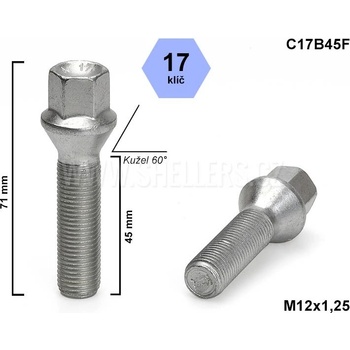 Kolový šroub M12x1,25x45 kužel, klíč 17, C17B45F, výška 71 mm