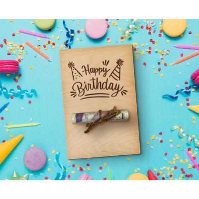 Dřevia Dřevěná karta na peníze - Happy Birthday