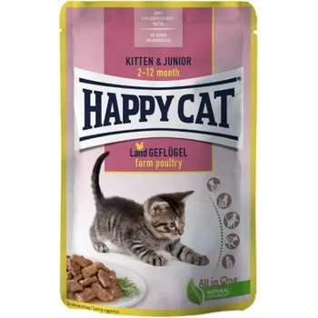 Happy Cat MIS Kitten & Junior Farm Poultry - паучове за подрастващи котенца от 2-рия до 6-ия месец, с пилешко месо в сос, 85 гр, Германия - 70616