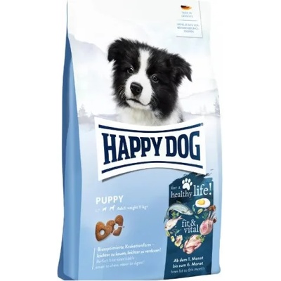 Happy Dog Fit & Vital Puppy - храна за подрастващи кученца, за стабилен растеж от 1-ия до 6-ия месец, с пилешко, царевица, ориз, пръжки, сьомга, агнешко, 18 кг, Германия - 60991