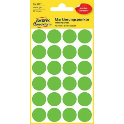 AVERY ZWECKFORM okrúhle 18 mm odstrániteľné zelené 96 etikiet bal 4 list