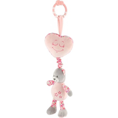 Teddies Medvěd se srdíčkem plyš závěs na postýlku/kočárek hrací strojek 34 cm růžový na kartě v sáčku