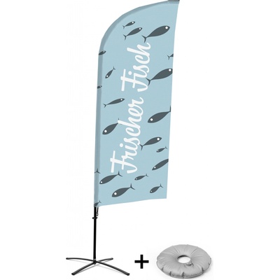 Jansen Display Kompletní sada reklamní vlajky ve tvaru křídla, Čerstvá ryba, německy Křížová Základna, 1273 x 3030 mm