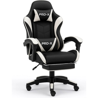 PRO-X Goborelax Геймърски стол с масажна функция, поставка за крака - черно и бяло (bm028)