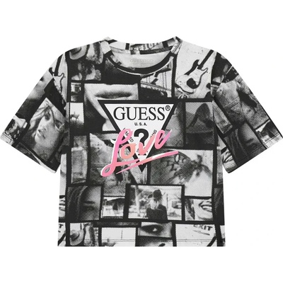 GUESS Къса и широка тениска за момиче с черно-бял десен и лого Guess