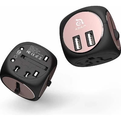 ADAM elements Omnia TA502 World Universal Travel Adapter - захранване и адаптер за ел. мрежа с преходници за цял свят с 2xUSB-A изхода за зареждане на мобилни устройства (черен-розово злато)