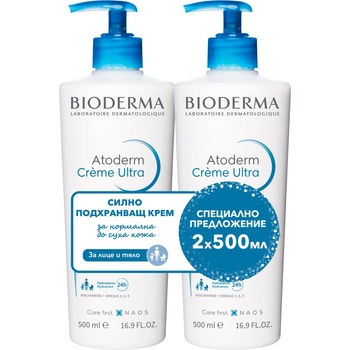 BIODERMA Atoderm Комплект - Успокояващ крем за лице и тяло Ultra, 2 x 500 ml (Лимитирано)