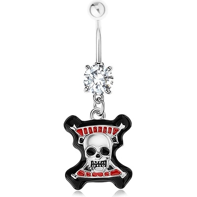 Šperky eshop piercing do pupíku ocel čirý zirkon lebka černý lem červené proužky SP84.19