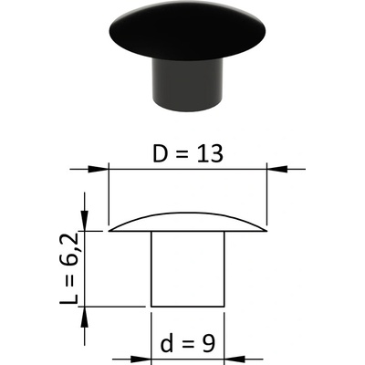 Vnitřní krytka kulatá ø 13 mm, otvor ø 9 mm, černá, plast