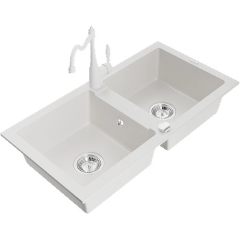 Mexen Mario гранитна кухненска мивка с 2 отделения и смесител Carla, бял - 6504-20-670700-20 (6504-20-670700-20)