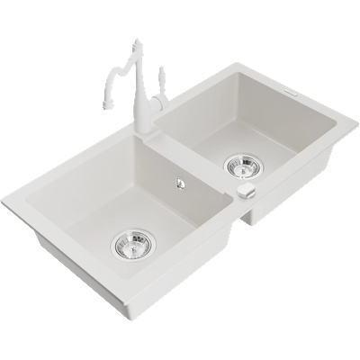 Mexen Mario гранитна кухненска мивка с 2 отделения и смесител Carla, бял - 6504-20-670700-20 (6504-20-670700-20)