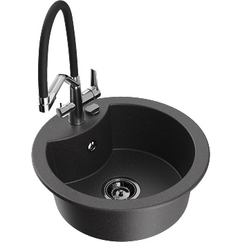 Mexen Diego гранитна мивка с 1 камера с кухненски смесител Duo, черно на петна - 6512-76-671701-07-B (6512-76-671701-07-B)