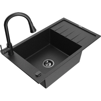 Mexen Elias гранитна мивка с 1 отделение и сушилня и кухненски смесител Elia, черен/сребърен металик - 6511-73-670101-70-B (6511-73-670101-70-B)