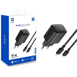 LITO Зарядно - Lito - (LC13L) - с включен Lightning кабел, Type-C, PD20W, GaN, PC Fireproof, EU Plug - Черен