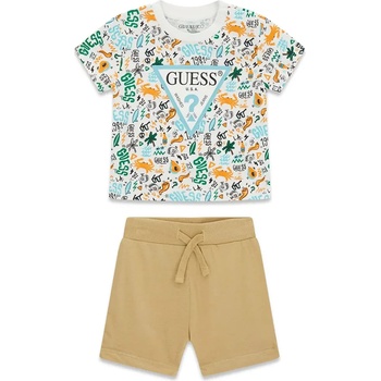 Guess Комплект многоцветна тениска и бежови къси панталони за бебе момче със синьо лого Guess