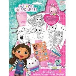 Kids Licensing Coloring Set + 6 Crayons + Gabi Cat Cottage Stickers. Gabbys Dollhouse GD00082 Kids Euroswan