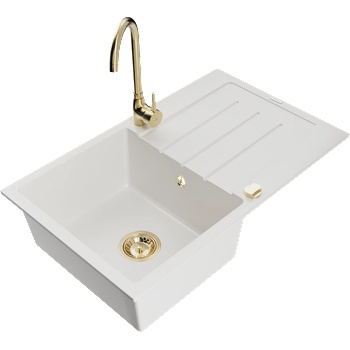 Mexen Bruno гранитна кухненска мивка с една камера с отцедник и кухненски батерия Telma, бяла - 6513-20-670200-50 (6513-20-670200-50)