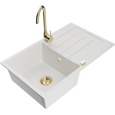 Mexen Bruno гранитна кухненска мивка с една камера с отцедник и кухненски батерия Telma, бяла - 6513-20-670200-50 (6513-20-670200-50)