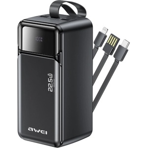 Awei PA-107 аварийно зарядно устройство с 3 USB порта, 50000mAh, PD 3.0 бързо зареждане + кабел с фиксиран Type-C/Lightning конектор, ЧЕРЕН (PA-107)