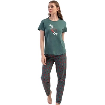 Дамска макси пижама в зелено с череши