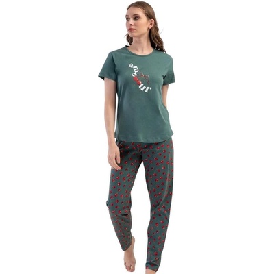 Дамска макси пижама в зелено с череши