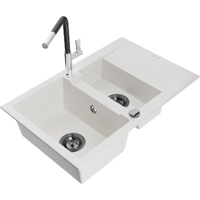 Mexen Gaspar гранитна мивка с 1, 5 камери с отцедник и кухненски смесител Flora, бял - 6507-20-670401-07-B (6507-20-670401-07-B)