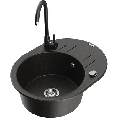 Mexen Kevin гранитна мивка с една камера с отцедник и кухненски смесител Telma, черен/златист металик - 6517-75-670200-70 (6517-75-670200-70)