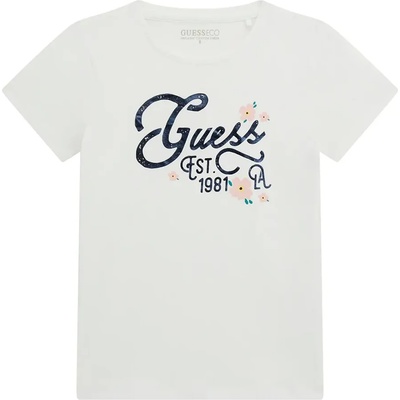 GUESS Бяла тениска за момиче с тъмно син надпис Guess и розови цветя