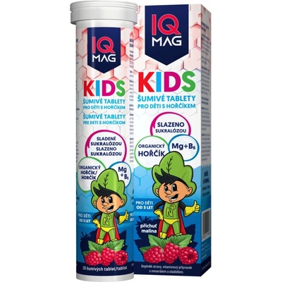 IQ Mag Kids Organický hořčík + vitamín B6 šumivé tablety pro děti s malinovou příchutí 20 tablet